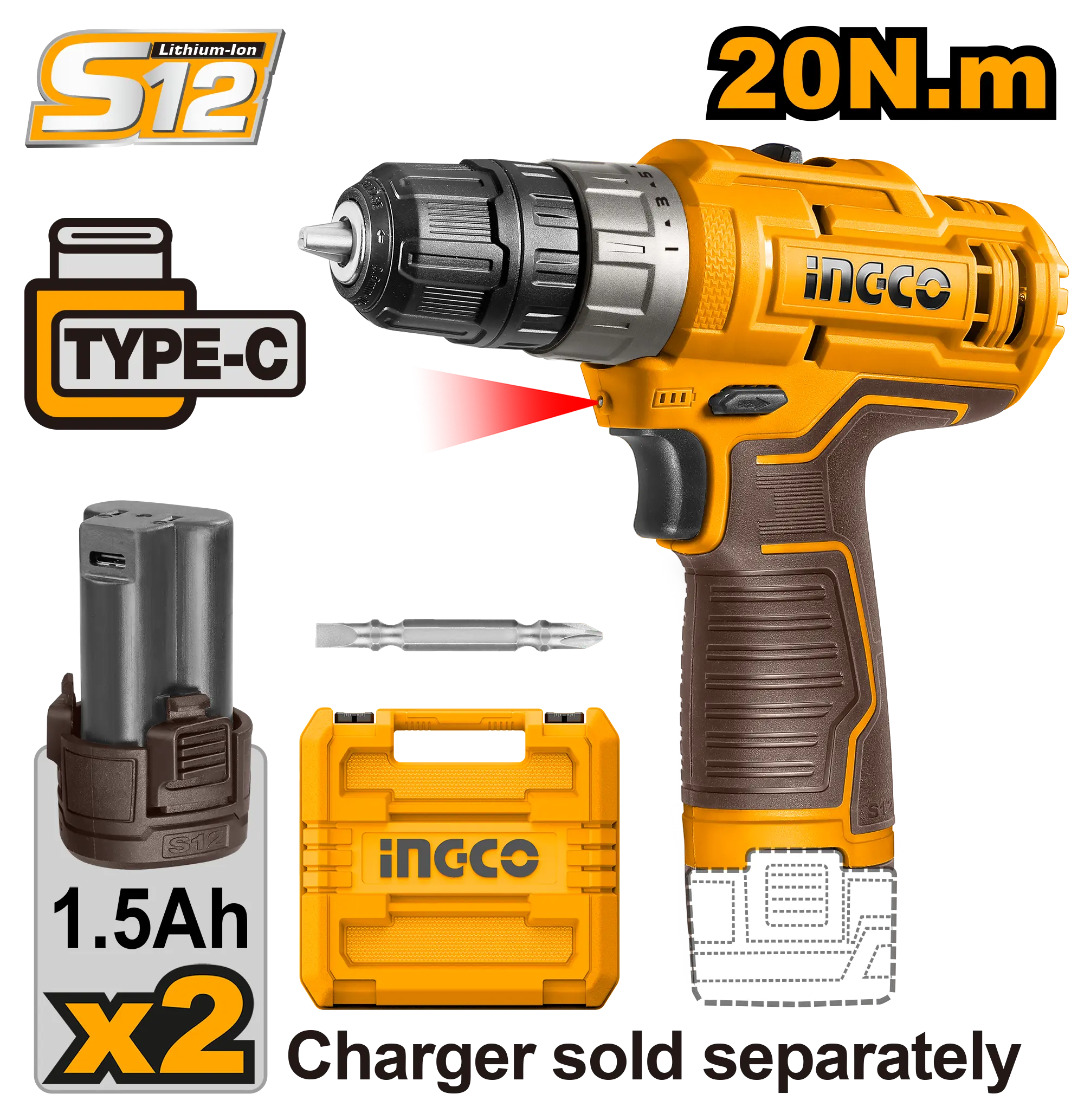 Scule Electrice - Bormasina 12V INGCO 2 Acumulatori cu Type C si Geanta