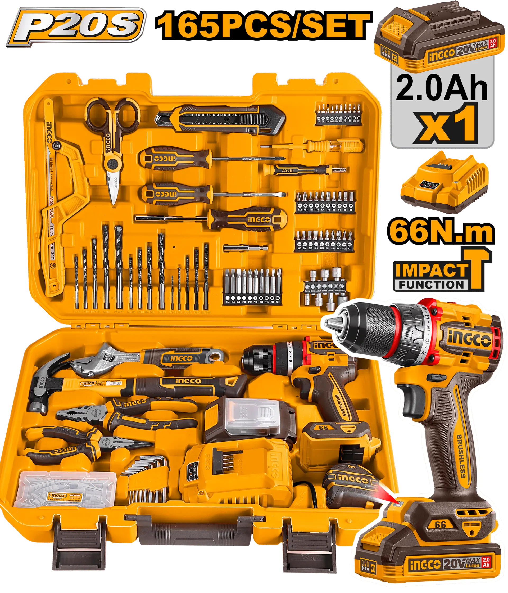 Scule si Unelte de Mana - BORMASINA 20V 66NM CU MANDRINA METAL CU ACUMULATOR SI SET UNELTE 165 PIESE