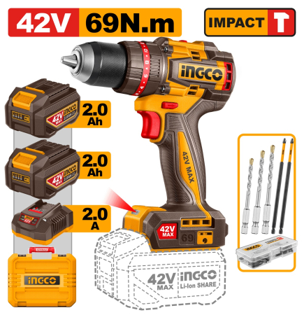Masini de Gaurit si Insurubat - Bormasina 42V 69Nm cu 2 Acumulatori 2Ah Ingco CIDLI426982E