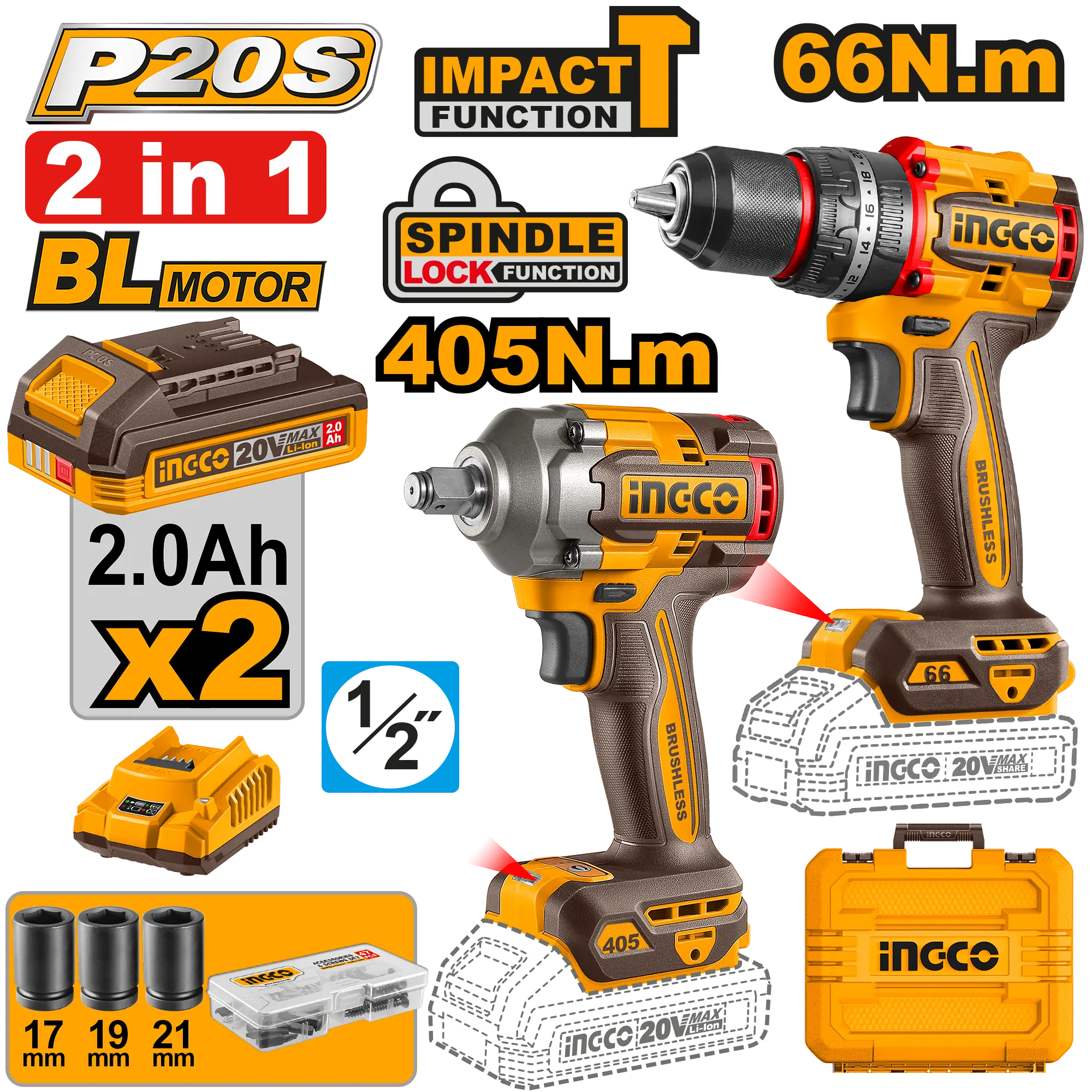Scule  & Unelte - Bormasina cu Impact 20V 66Nm cu Impact + Filetanta cu Impact 1/2" 20V 405Nm, 2 Acumulatori 2.0Ah, Incarcator, 47 Accesorii Ingco CKLI20286E