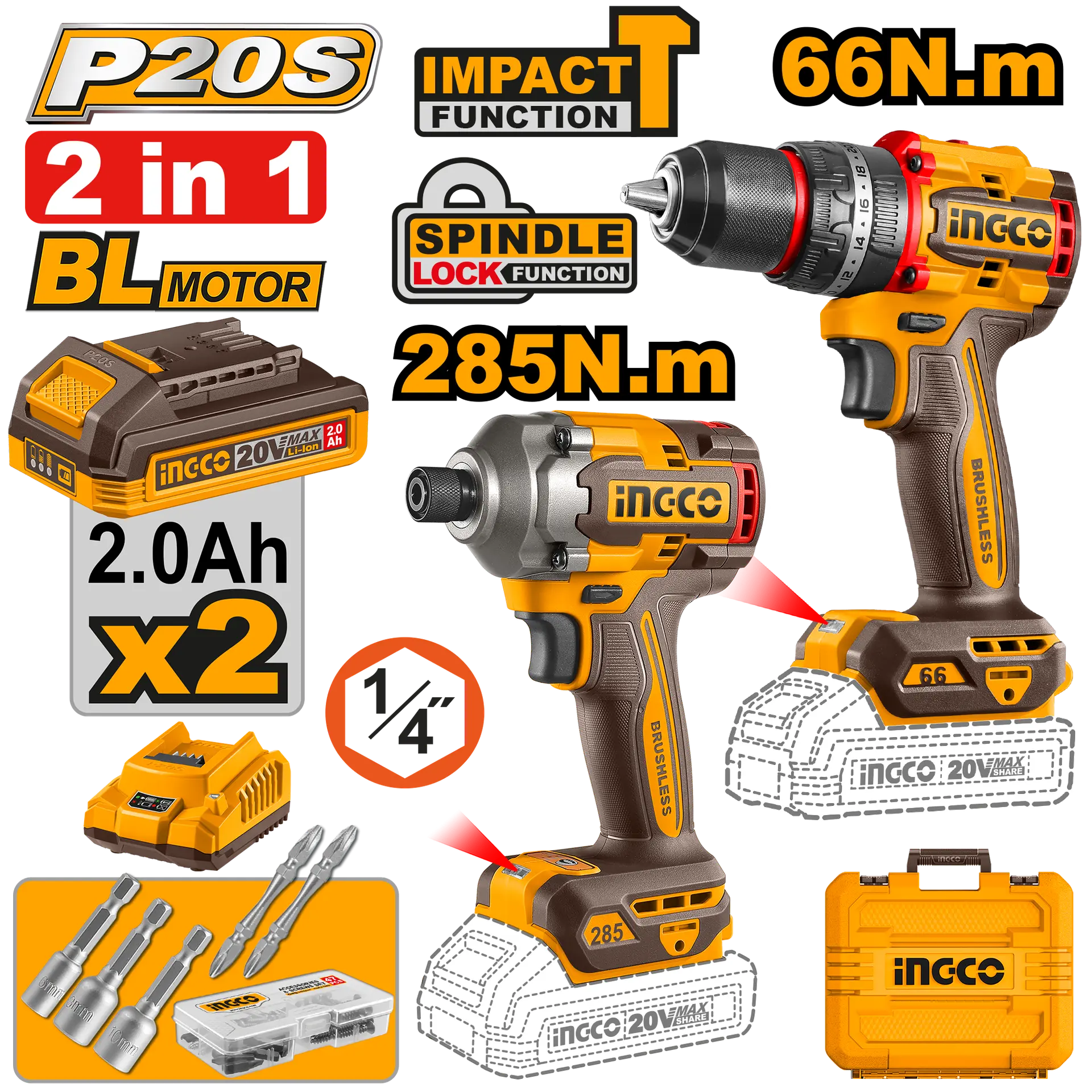 Scule  & Unelte - Bormasina cu Impact 20V 66Nm + Filetanta cu Impact 1/4" 20V 285Nm, 2 Acumulatori 2.0Ah, Incarcator, 47 Accesorii Ingco CKLI20277E