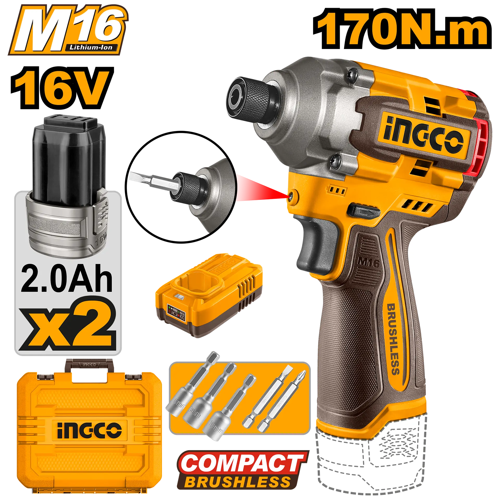 Masini de Gaurit si Insurubat - Bormasina cu Impact Bormasina 16V 170Nm cu 2 Acumulatori si Incarcator Ingco CIRLI16178