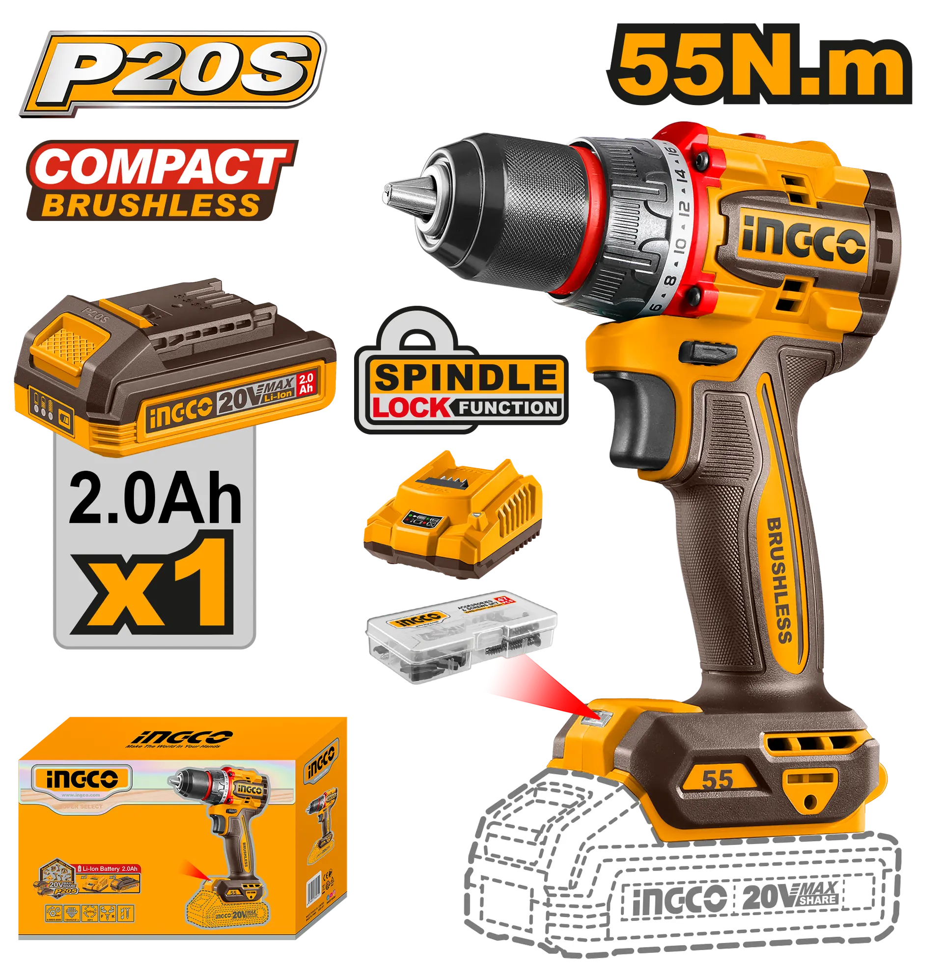 Scule  & Unelte - Bormasina cu Mandrina Metal 20V 55Nm cu 1 Acumulator si 47 Accesorii cadou