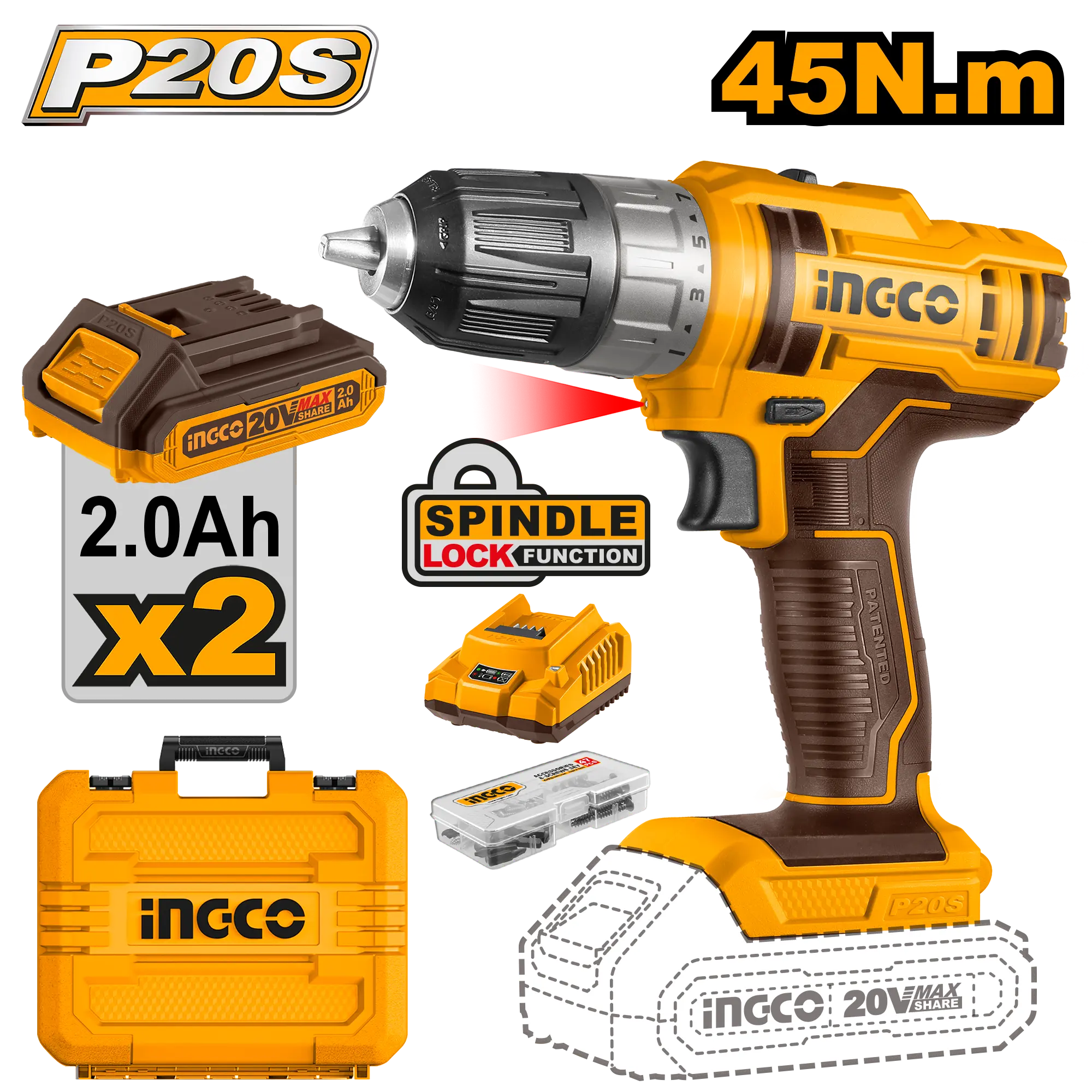 Scule Electrice - Bormasina INGCO 20V cu 2 Acumulatori si Geanta