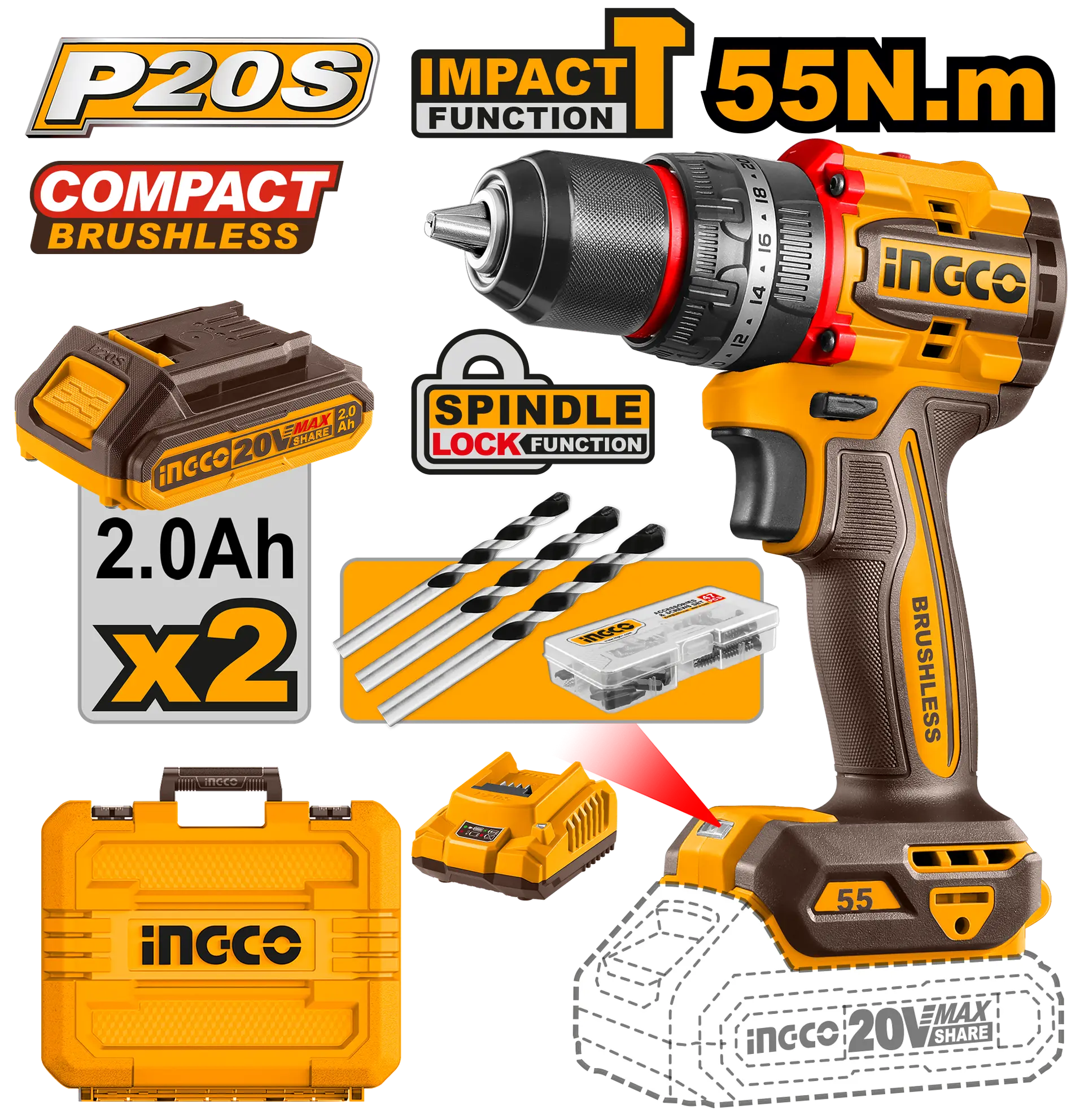 Scule  & Unelte - Bormasina Masina de Gaurit si Insurubat Cu Impact 20V 55Nm cu 2 Acumulatori 2ah Ingco  CIDLI20558E