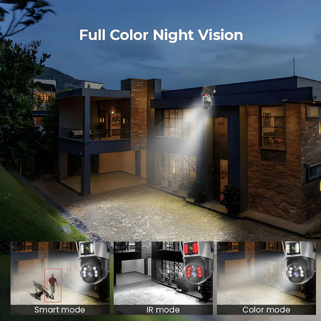 Camera de Supraveghere Solara 4G, 2 lentile,360, Rezolutie 2K Ultra HD, Viziune Nocturna Color, Detectie Miscare, Audio Bidirectional & Avertizare Luminoasa + CARD MICRO SD 64GB CADOU [2]