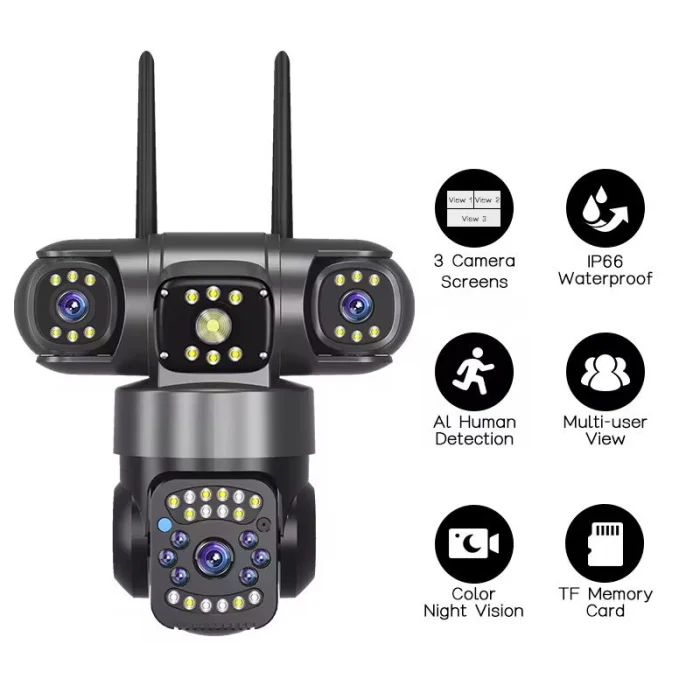Cameră de Supraveghere WIFI 12MP, 3 lentile, 2K, PTZ, Zoom 10X, Vedere Nocturnă Color, Audio Bidirecțional + CARD MICRO SD 64GB CADOU [3]
