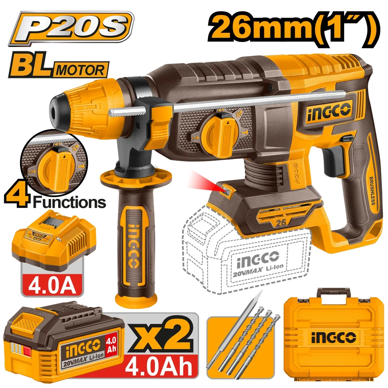 Rotopercutoare si Demolatoare - Ciocan Rotopercutor 20V 26mm cu 2 Acumulatori 4Ah Ingco CRHLI262085E