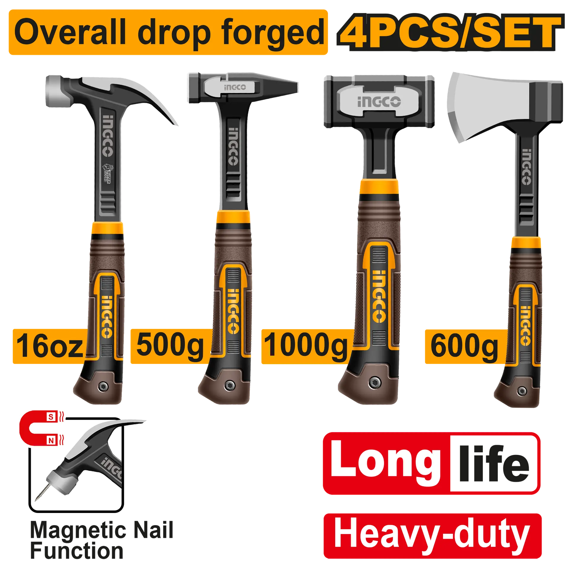 Scule  & Unelte - Ciocan si Secure Set 4 buc Profesional Ingco HCH9004L