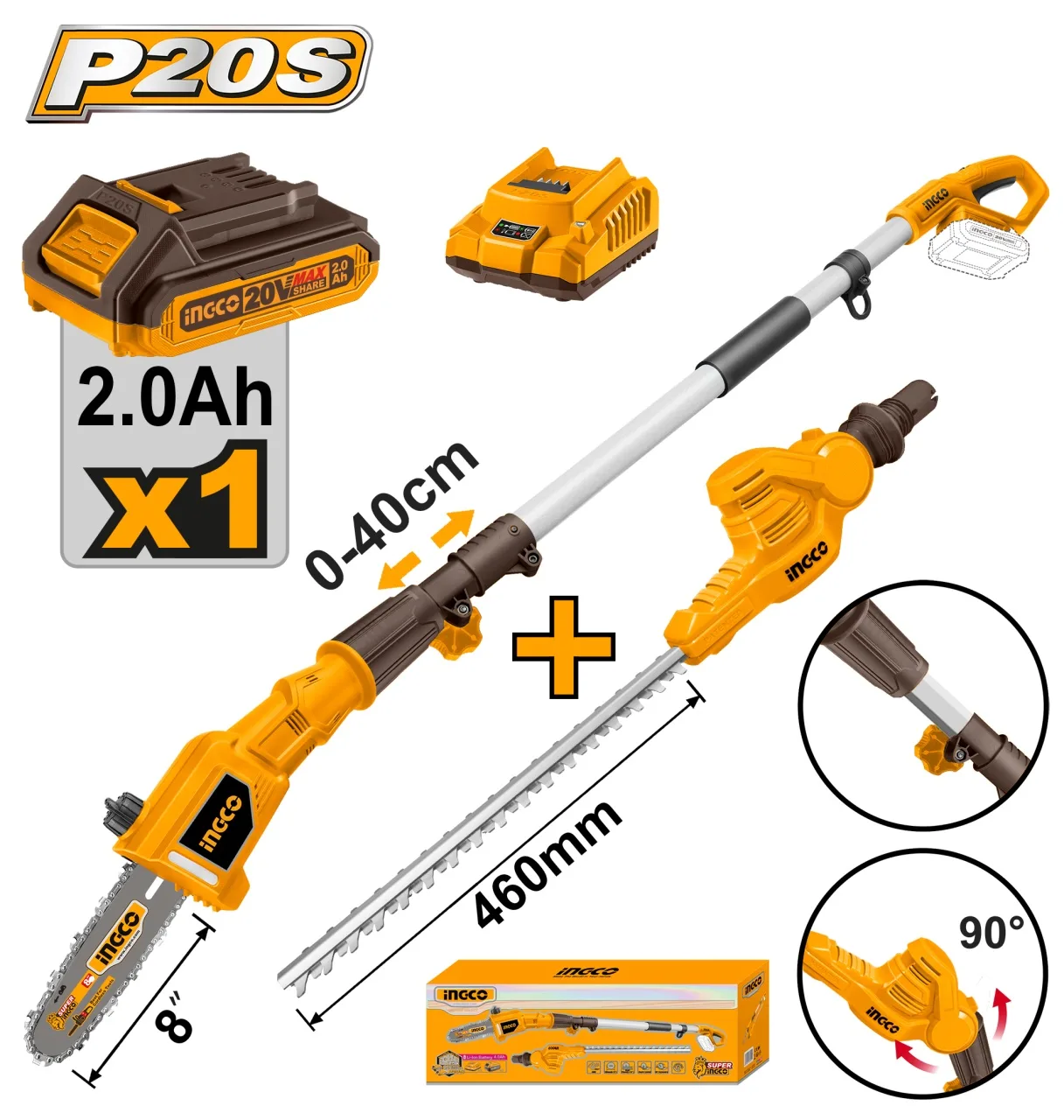 Drujbe si Motofierastraie - Drujba de Pomi + Fierastrau Gard Viu pe Acumulator 20V 2.4m cu 2 Functii Ingco CPTS20168