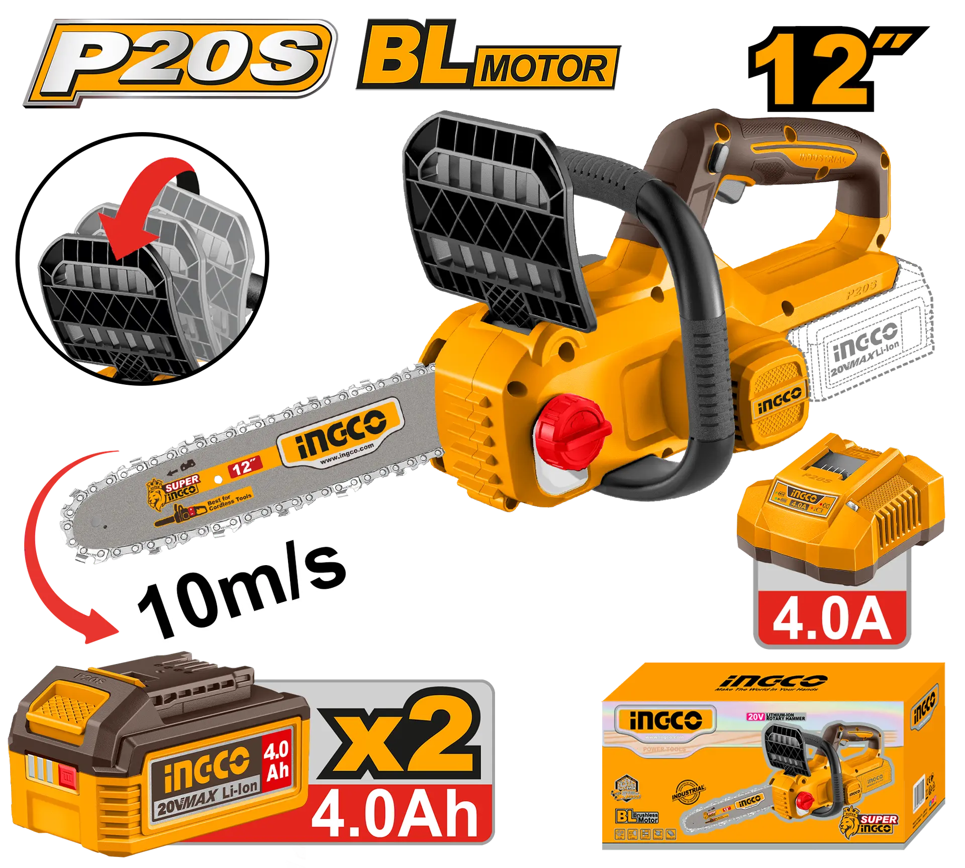 Drujbe si Motofierastraie - Drujba Motofierastrau 20V BL 30cm cu 2 Acumulatori 4Ah si Incarcator Ungere Automata a Lantului Ingco CGSLI201262E