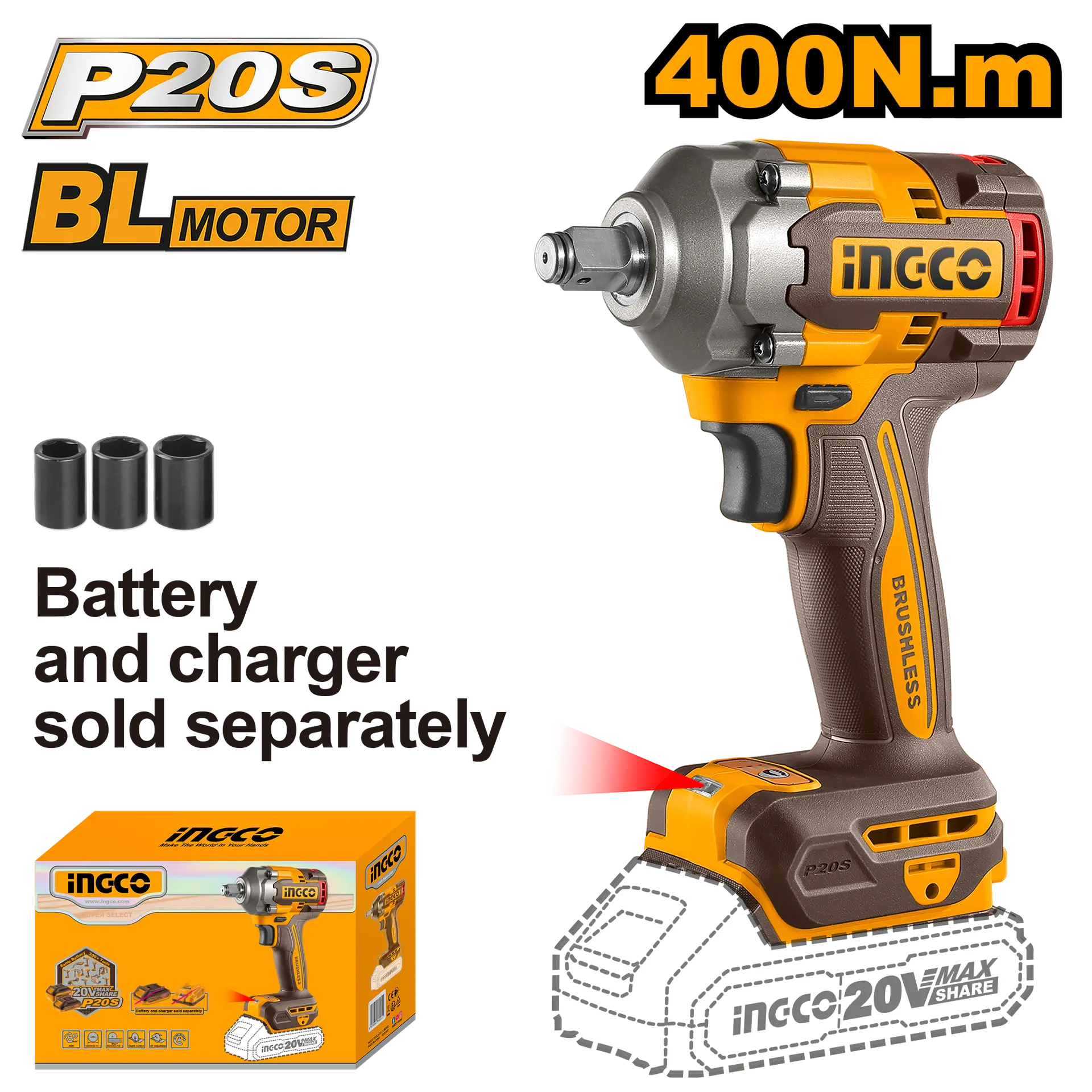 Masini de Gaurit si Insurubat - Filetanta cu Impact 20V 1/2 400 Nm Ingco Fara Baterie si Incarcator