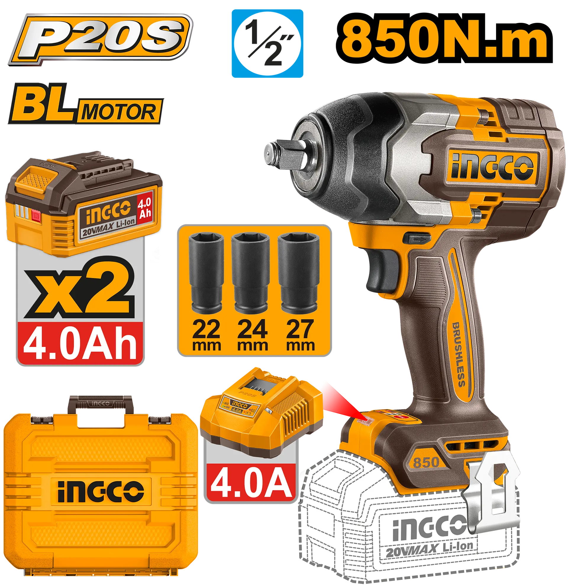 Masini de Gaurit si Insurubat - Filetanta cu Impact 20V 1/2 850Nm cu 2 Acumulatori 4Ah Ingco CIWLI2085E