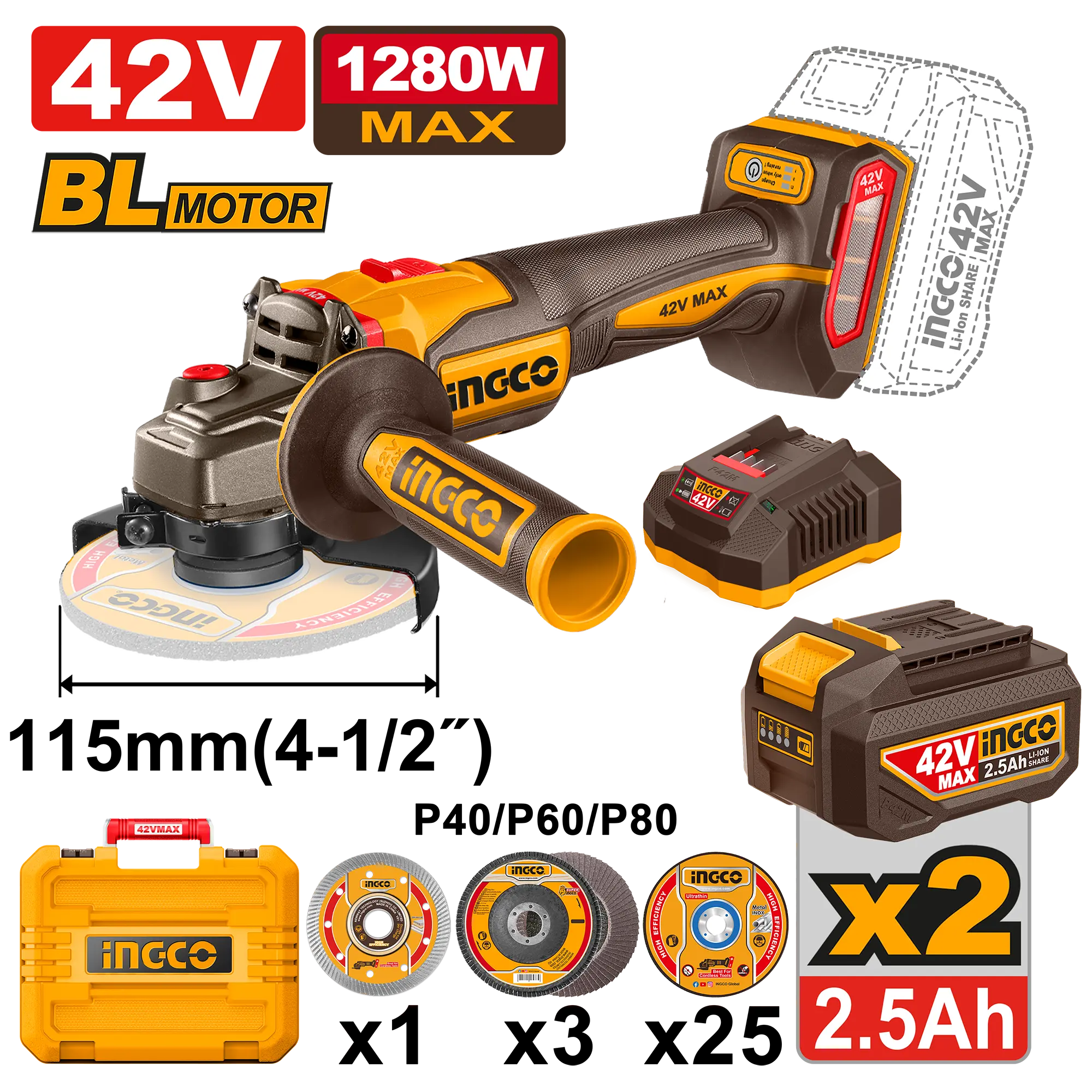 Flexuri si Polizoare - Flex Polizor Unghiular 42V 1280W cu 2 Acumulatori + Accesorii