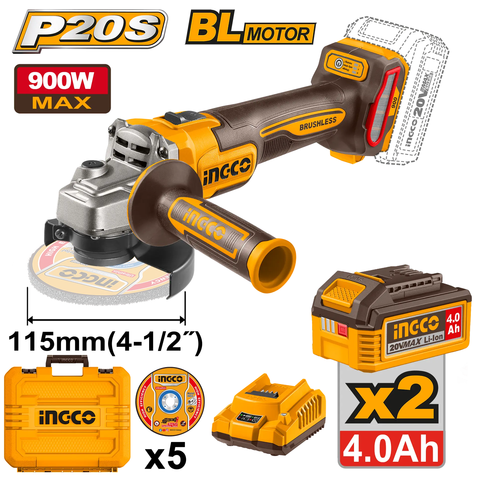 Flexuri si Polizoare - Flex Unghiular 20V 115mm BL cu 2 Acumulatori 4ah Ingco CAGLI261522E