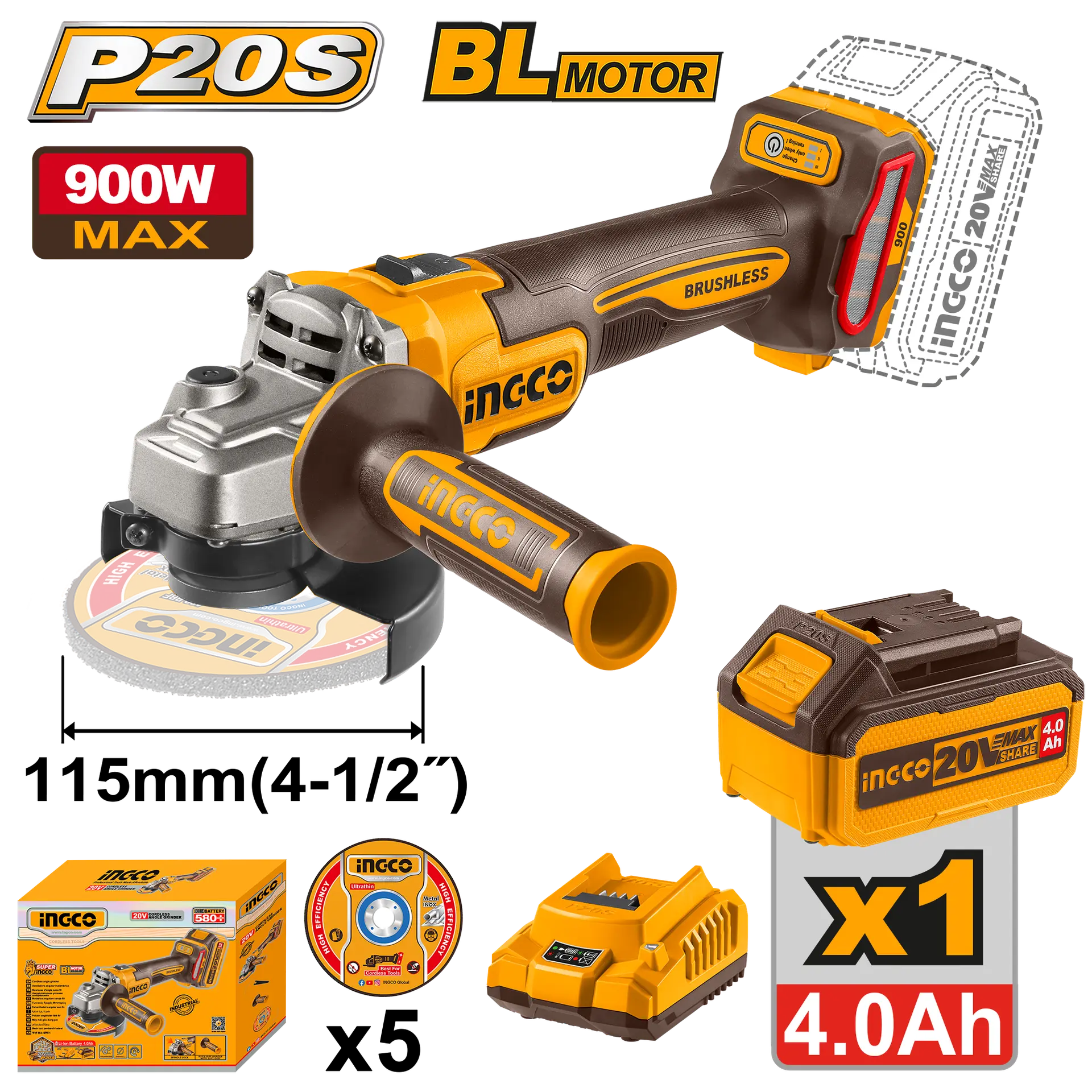 Flexuri si Polizoare - Flex Unghiular Polizor 20V 115mm 900W cu 1 Acumulator si Incarcator Ingco