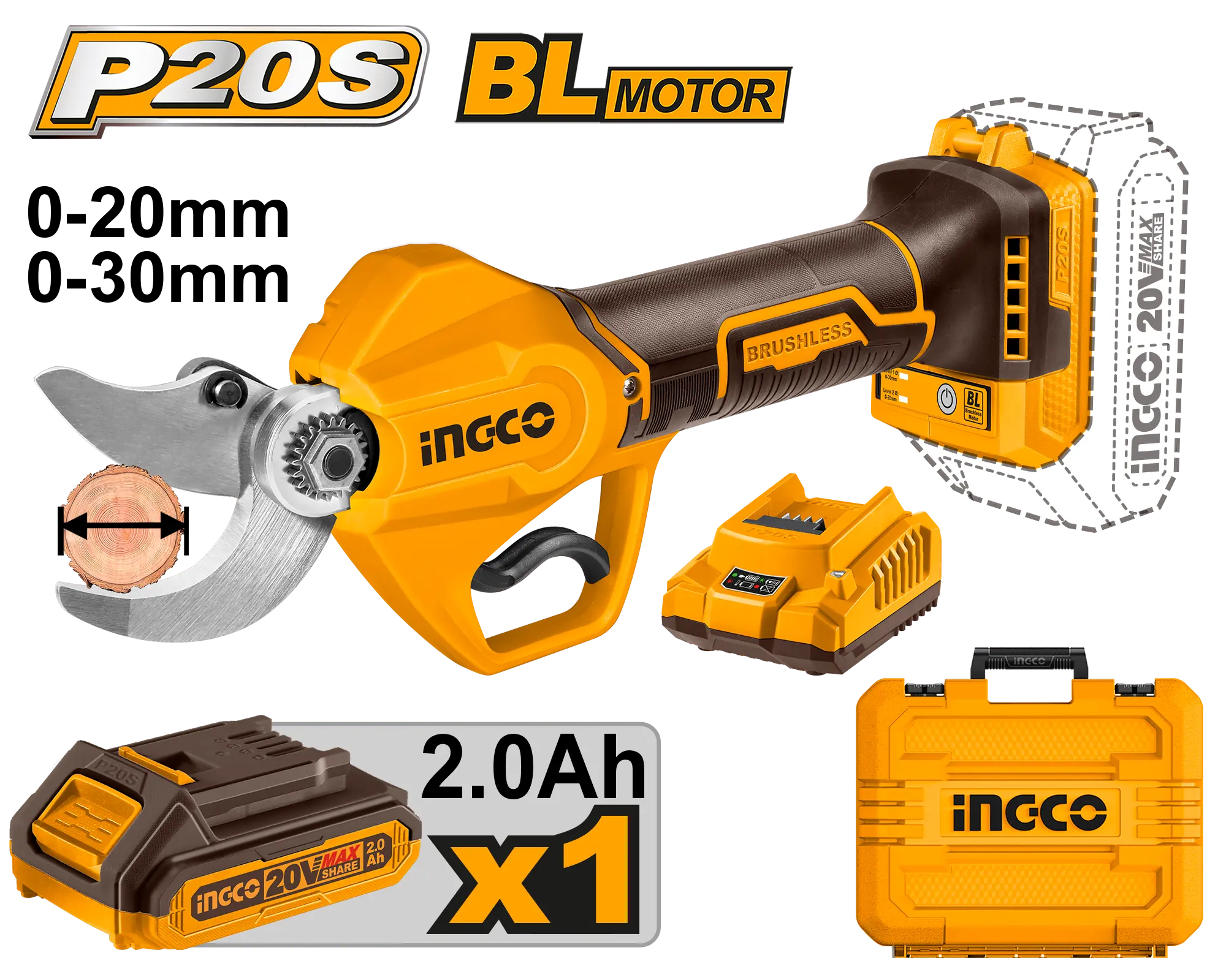 Foarfeci Electrice - Foarfeca Electrica 20V, 30mm, cu Acumulator 2Ah si Geanta Ingco CSSLI203083