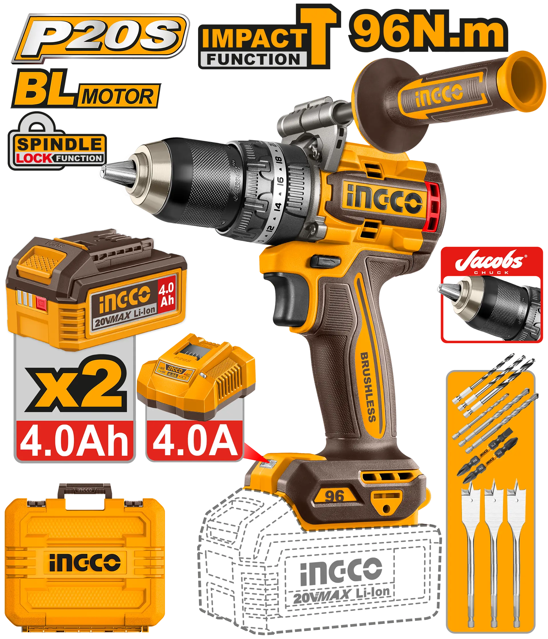 Scule  & Unelte - Masina de Gaurit Bormasina 20V 96Nm cu Impact cu 2 Acumulatori Ingco CIDLI209686E
