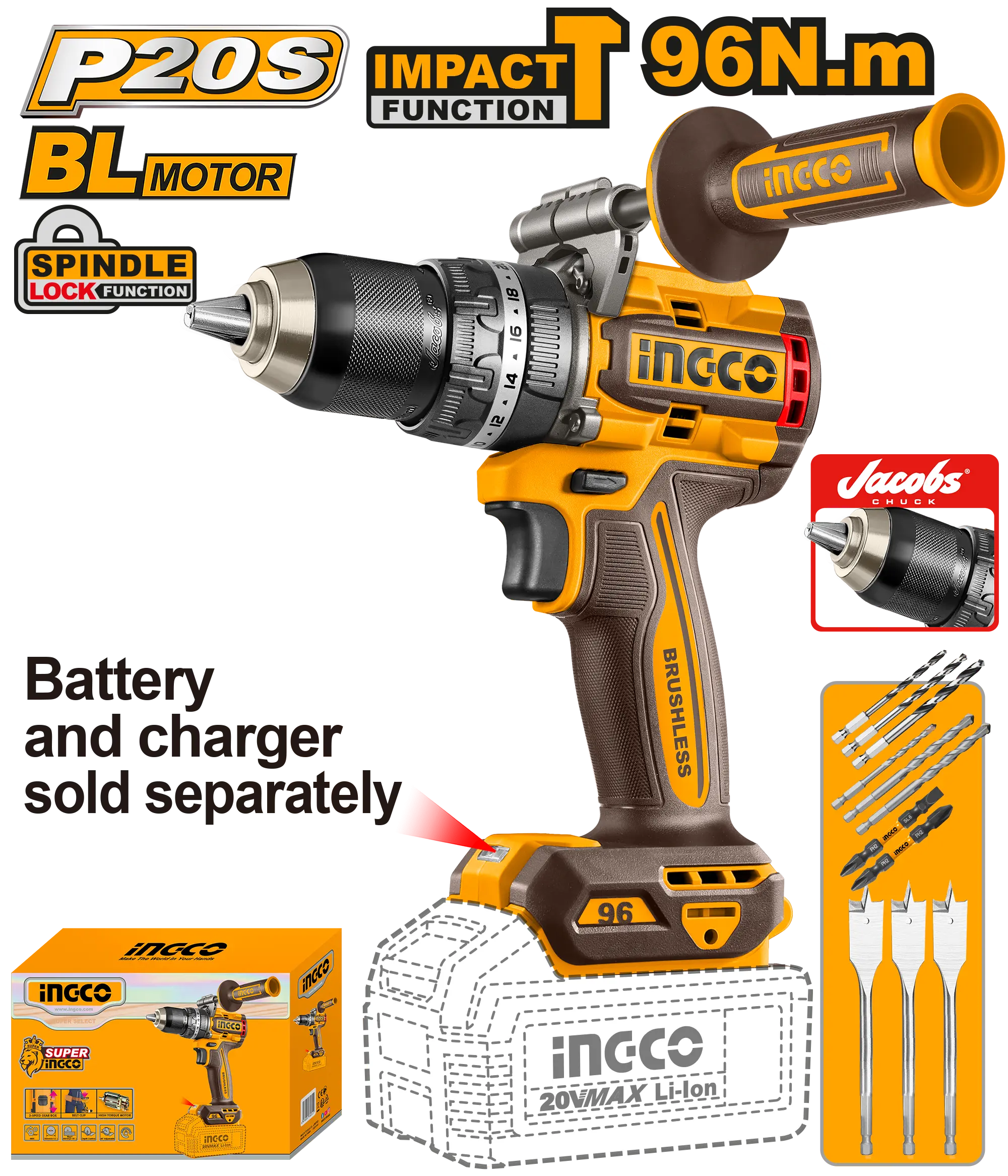 Scule  & Unelte - Masina de Gaurit Bormasina 20V 96Nm cu Impact, Mandrina Metalica, Fara Baterie, Ingco CIDLI209685