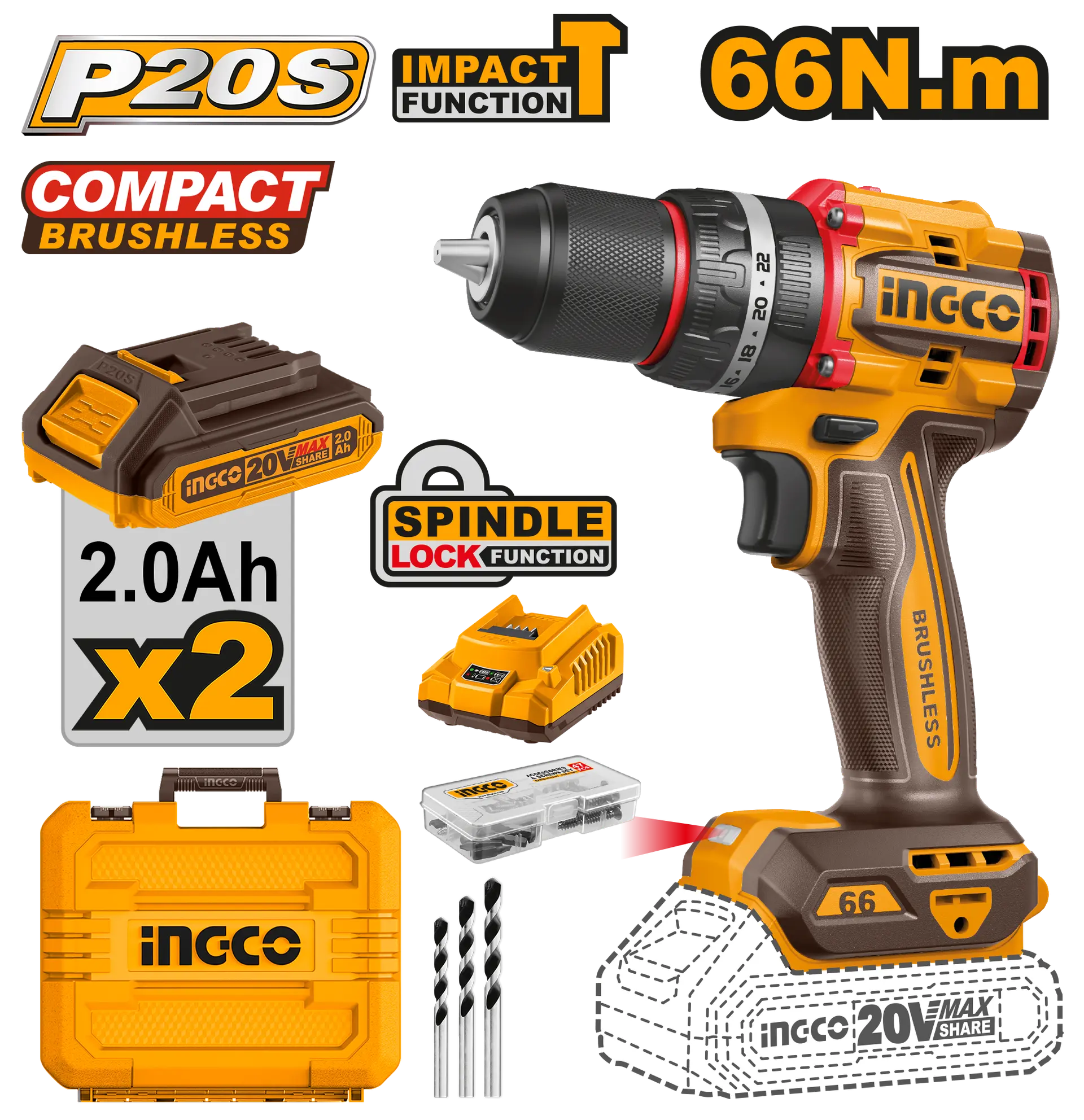 Masini de Gaurit si Insurubat - Masina de Gaurit Bormasina 20V cu Impact 66Nm cu 2 Acumulatori Ingco CIDLI20668E