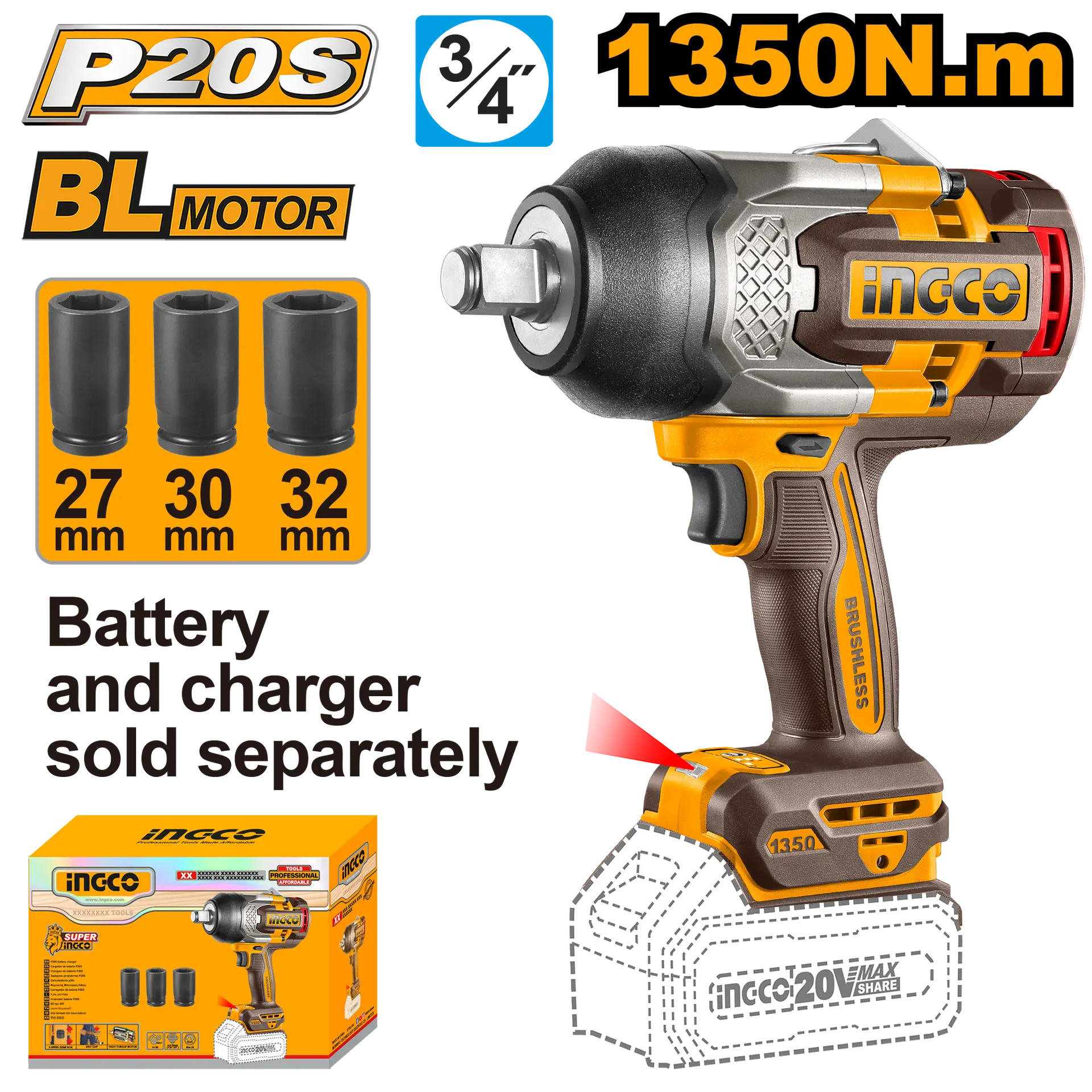 Scule  & Unelte - Masina de Insurubat Pistol Impact INGCO cu Impact 20V 3/4 1350nm INGCO
