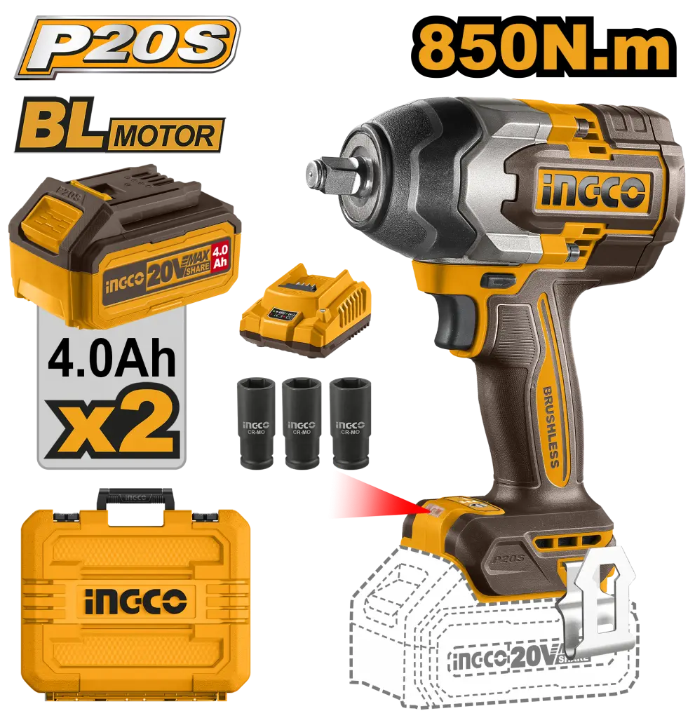 Masini de Gaurit si Insurubat - Masina de Insurubat INGCO cu Impact 20V BL 1/2 850nm cu 2 x 4.0Ah