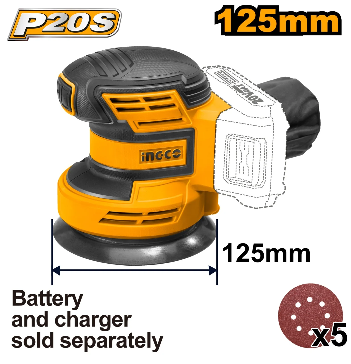 Flexuri si Polizoare - Masina de Slefuit, Slefuitor 20V 125mm, Fara Acumulator, Ingco CROSLI2001