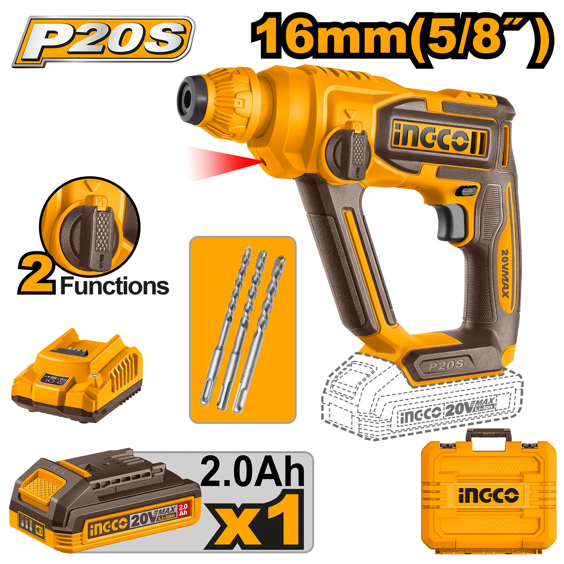 Rotopercutoare si Demolatoare - Picamer Rotopercutor 20V 16mm cu 1 Acumulator Ingco CRHLI201681E