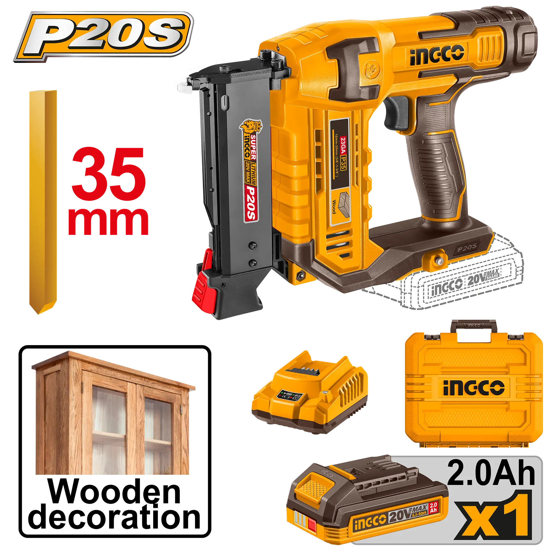 Scule  & Unelte - Pistol Cuie 20V Industrial pentru Lemn 35mm cu 1 Acumulator Ingco CBNLI3606