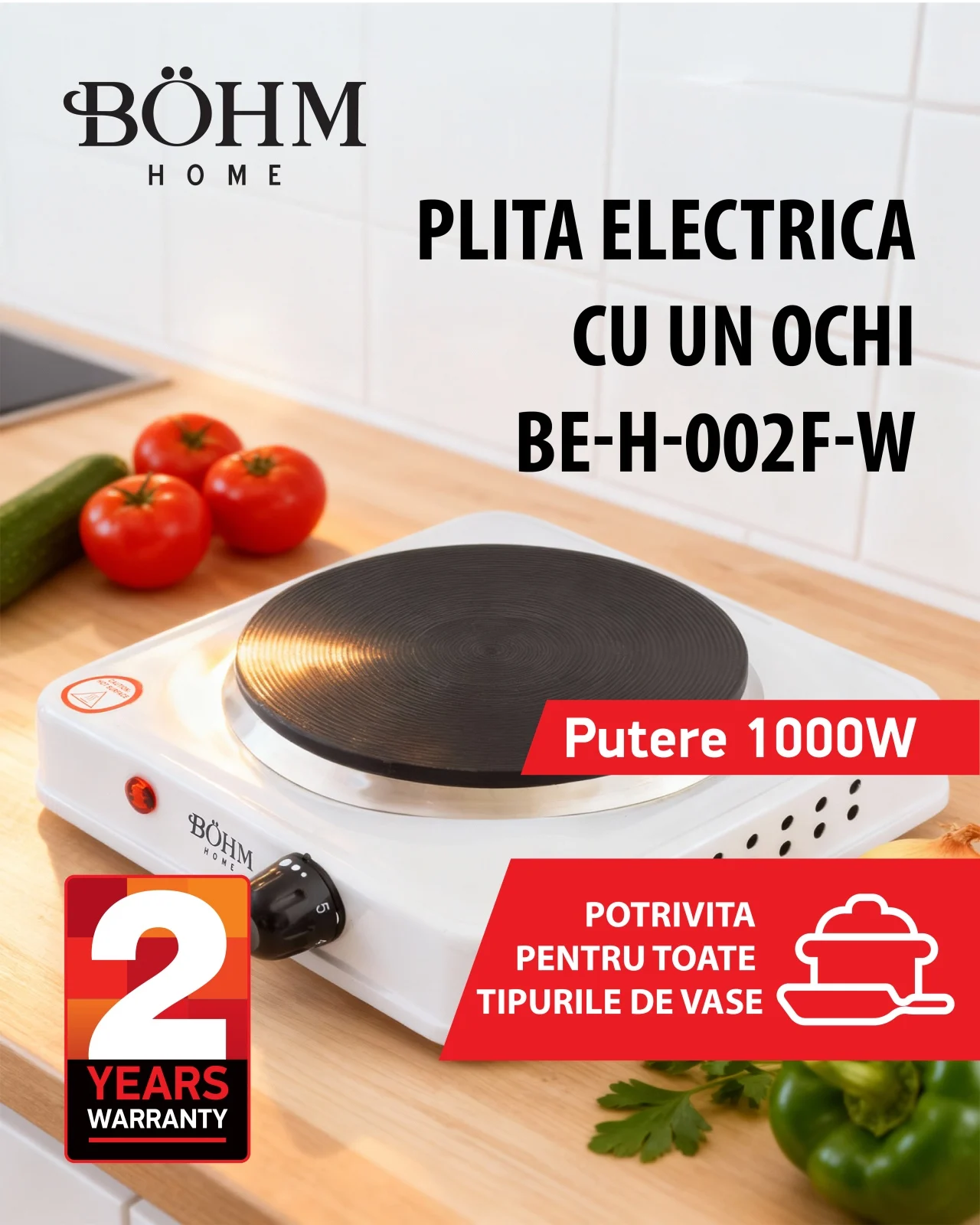 Electrocasnice pentru Bucatarie - Plita electrica cu un ochi BÖHM BE-H-002F-W, 1000 W
