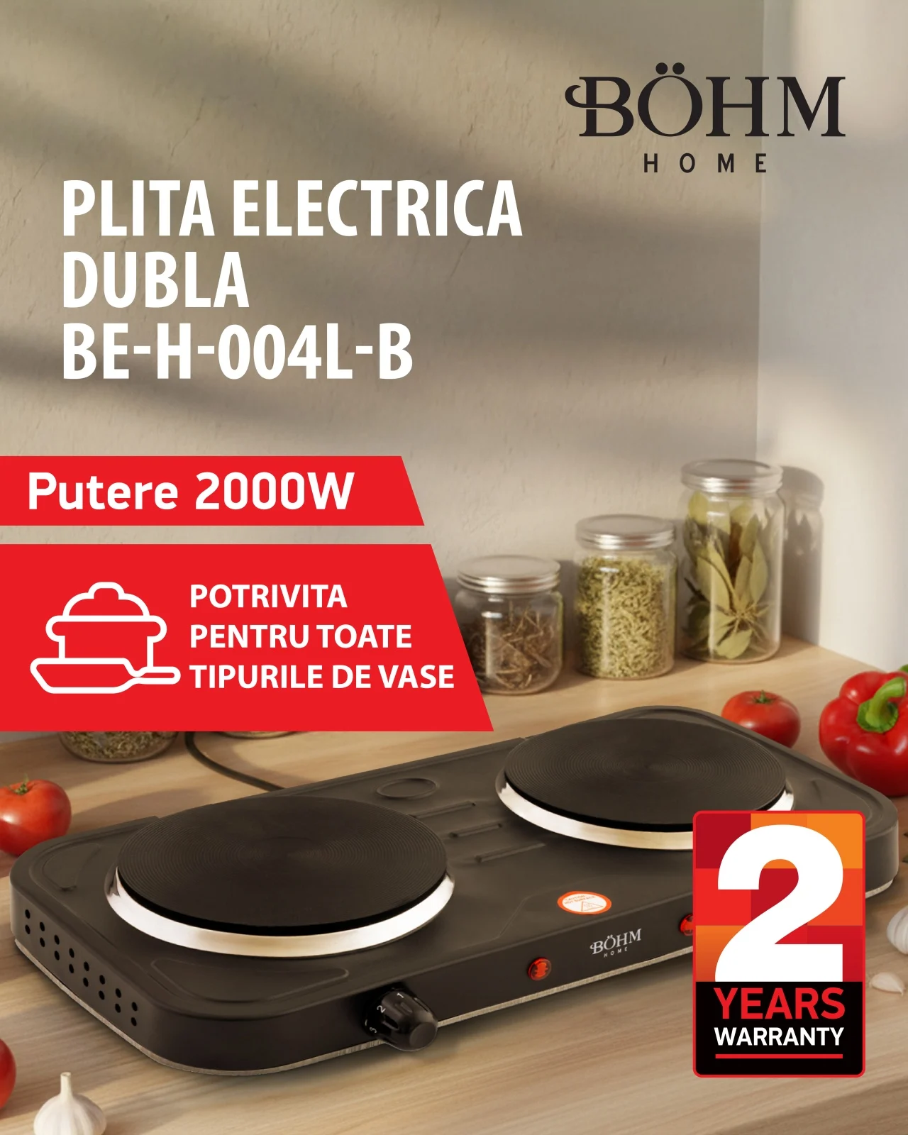 Electrocasnice pentru Bucatarie - Plită electrică dublă BÖHM BE-H-004L-B negru 2000W