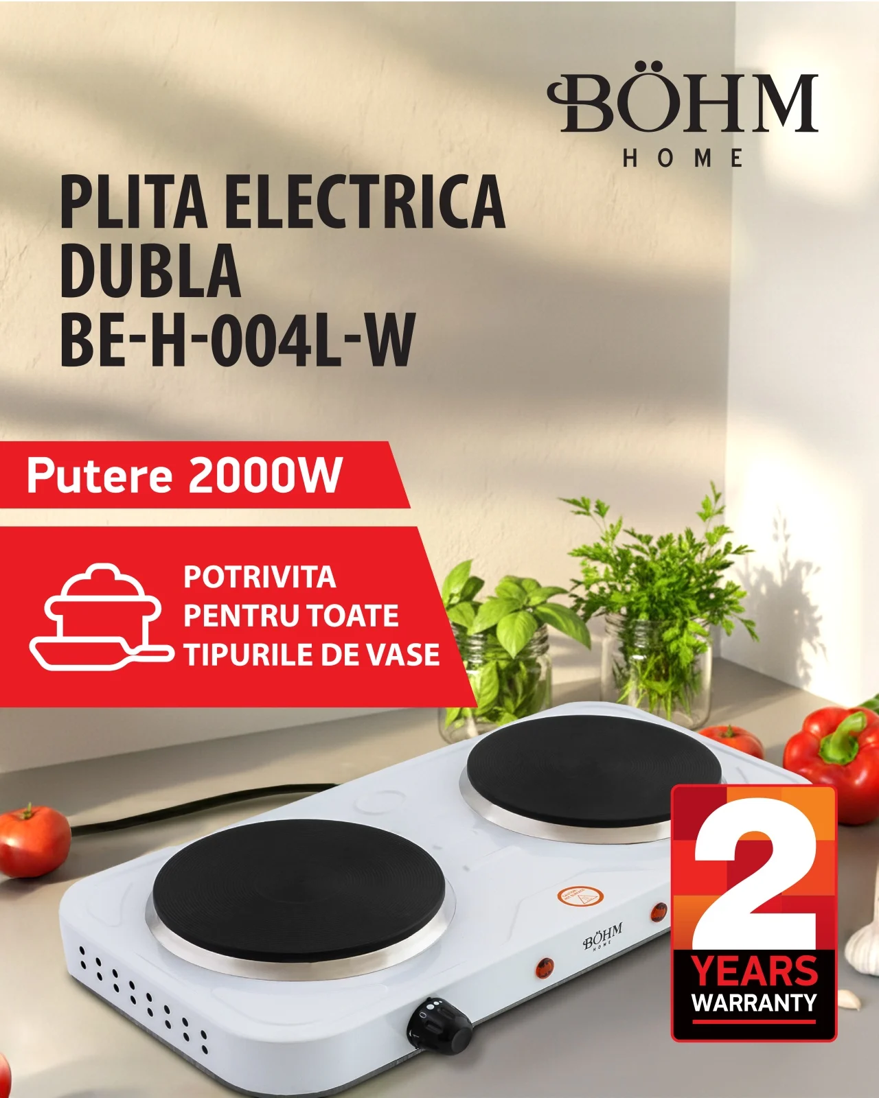 Electrocasnice pentru Bucatarie - Plită electrică dublă BÖHM BE-H-004L-W Alb 2000W