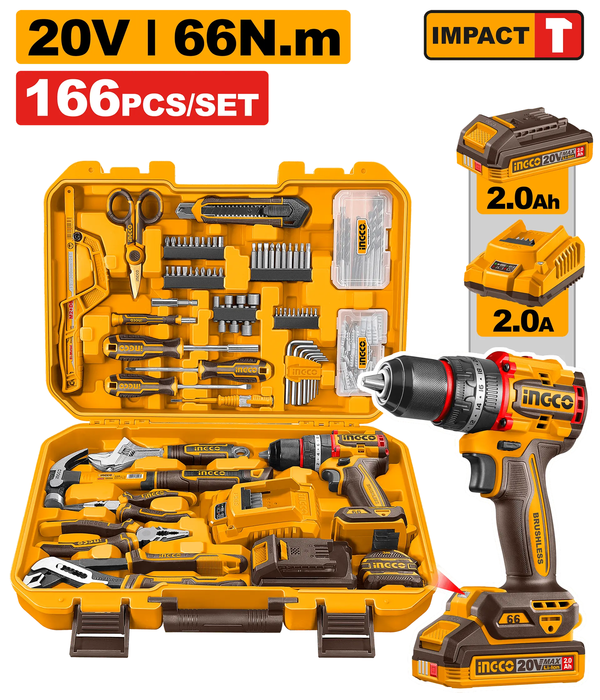 Scule  & Unelte - Set Bormasina 20V 66Nm cu Acumulator 2Ah si Trusa Scule 166 Piese Ingco HKTHP41662E