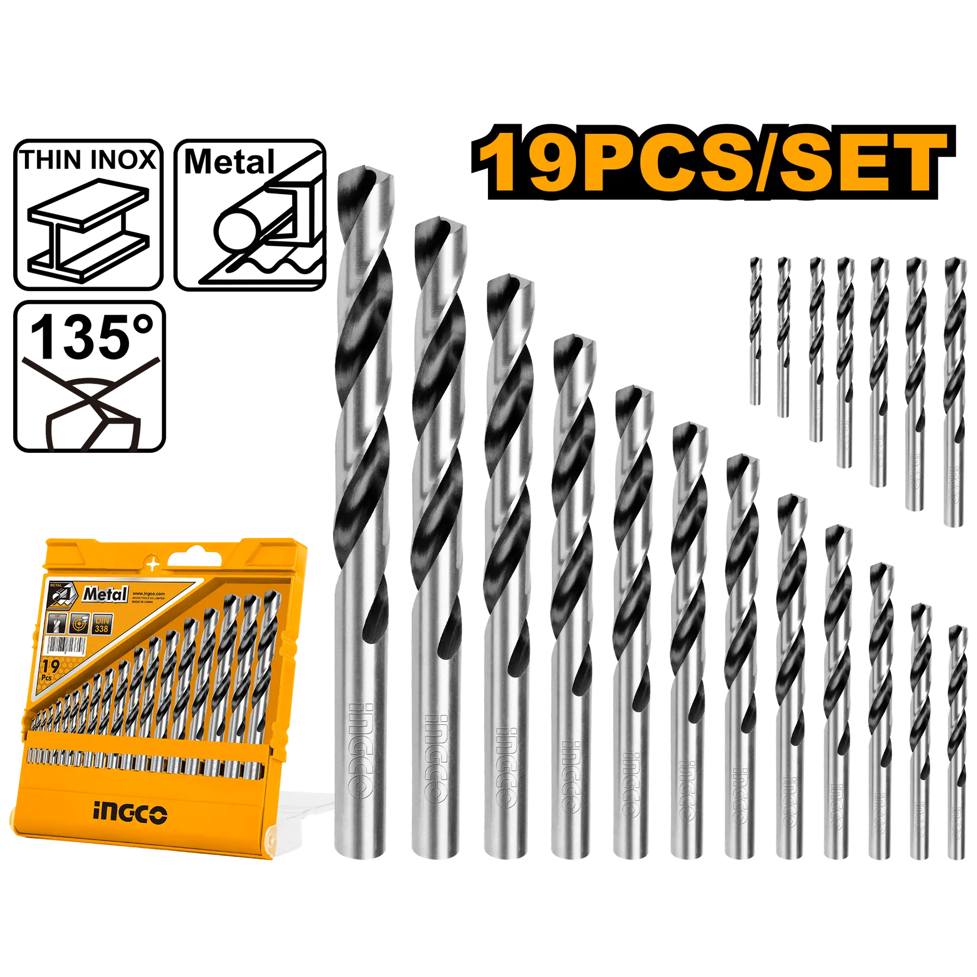 Accesorii pentru Gaurit si Insurubat - Set Burghie Metal HSS 19buc Ingco AKDB1088