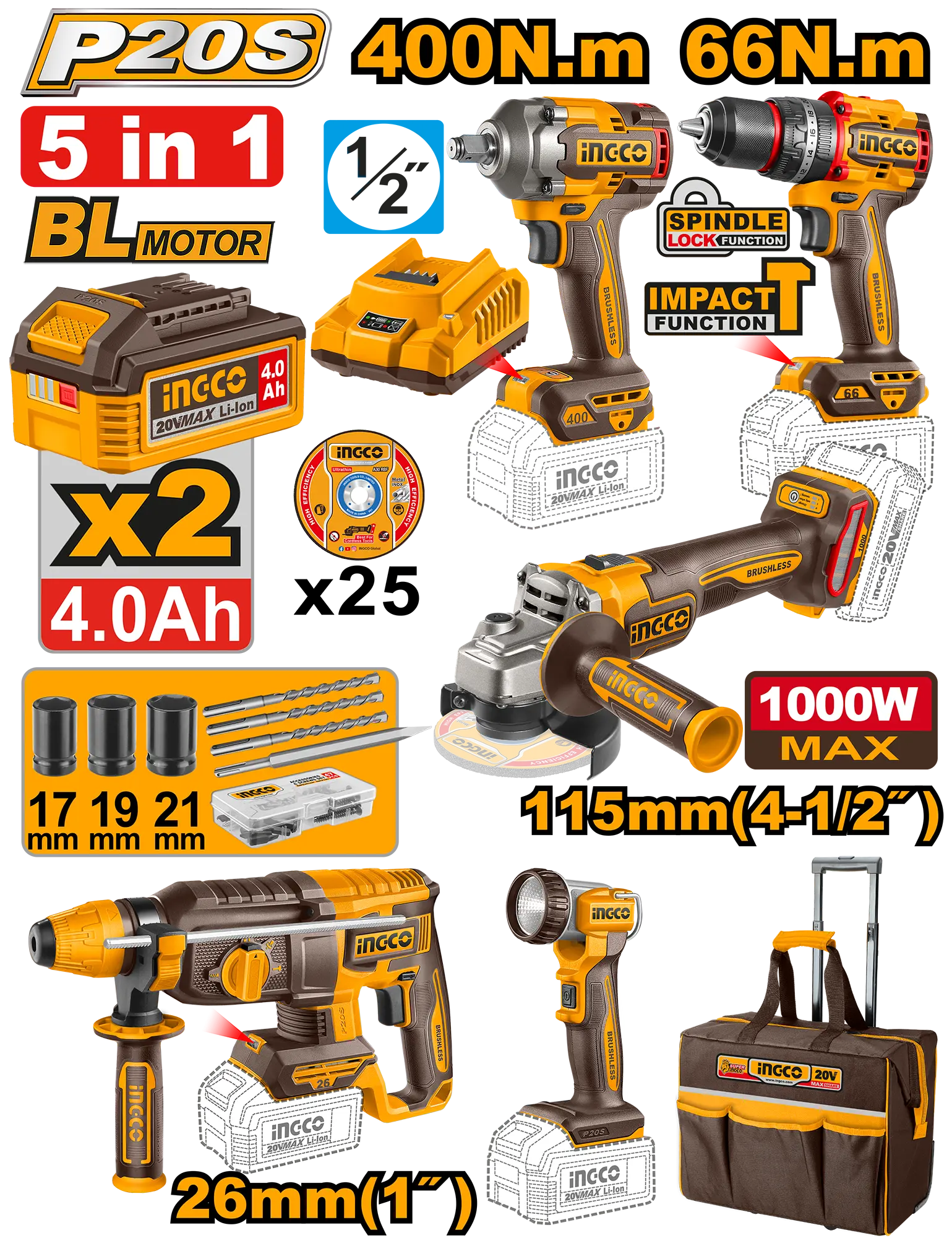 Pachete Promotionale - Set de Scule electrice cu 2 acumulatori 4ah, flex, bormasina, rotopercutor, cheie impact, lanterna Ingco CKLI2059E