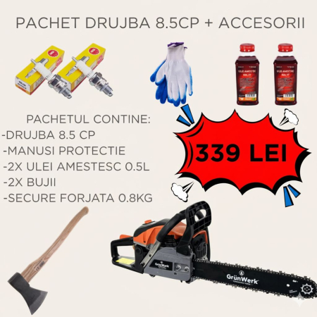 Drujbe si Motofierastraie - SUPER OFERTA! Pachet Drujba 8.5CP, Manusi Protectie, 2x Bujii, 2x Ulei Amestec Rosu si Secure cu Maner de Lemn