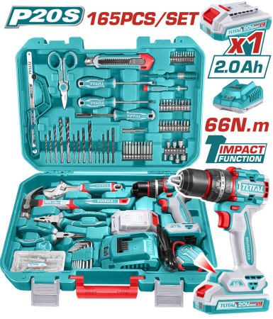 Masini de Gaurit si Insurubat - Trusa de Scule 165 Piese cu Masina de Gaurit si Insurubat cu Percutie 20V 66Nm, Acumulator 2.0Ah si Incarcator Total THKTHP11652E