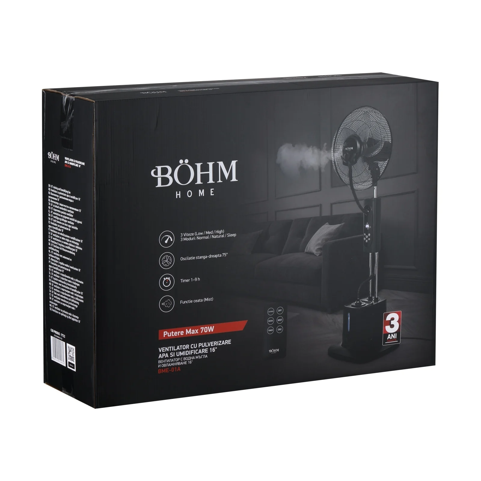 Ventilator cu pulverizare apă și umidificare 16" BÖHM BME-01A, 70W, 3 trepte de viteză, 3 moduri ventilare [6]