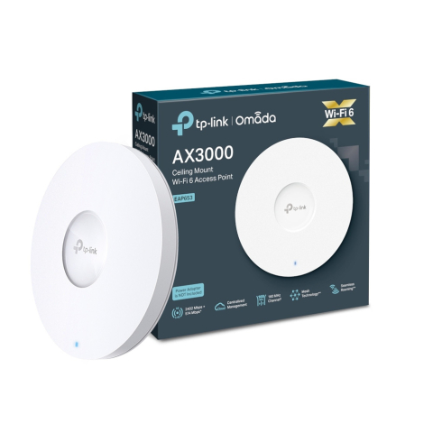 Rețelistică - Acces Point wireless TP-Link AX3000 EAP653, WiFi 6, 1x port gigabit, 2402 Mbps, 2.4/5.0 GHz, 16 SSID, PoE, Omada SDN, cu management