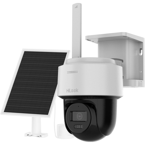 Camere cu panou solar - Camera supraveghere 4G LTE PT cu panou solar si iluminare duala Hikvision HiLook AOV IPC-CFSP4/4G-SIM, 4 MP, 2.8 mm, IR/lumina alba 30 m, slot card, microfon si difuzor, acumulator 9000 mAh, smart tra