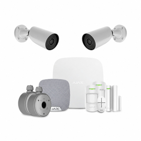 Alarmă Antiefracție - Sistem alarma wireless si camere exterior IP Ajax CCTV Intrusion Security, 2 camere, 8 MP, 2.8 mm, IR 35 m, microfon, slot card, detectie om/vehicul/animal prin AI, pet immunity, 868 MHz, buton de pan