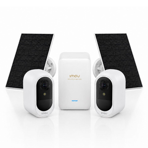 Kituri & Sisteme Supraveghere Video - Sistem supraveghere IP WiFi 6 cu panou solar Imou Full Color AOV AIR 2, 2 camere, 5MP, slot card, microfon/difuzor, IR/lumina alba 15m, 5000mAh, detectie om/vehicul, sirena