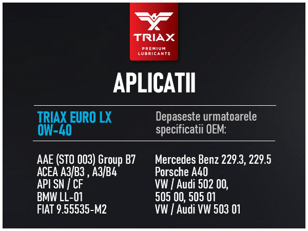 TRIAX Euro LX 0W-40 Full Synthetic/ Benzina | BMW LL-01 | MB 229.5 [7]