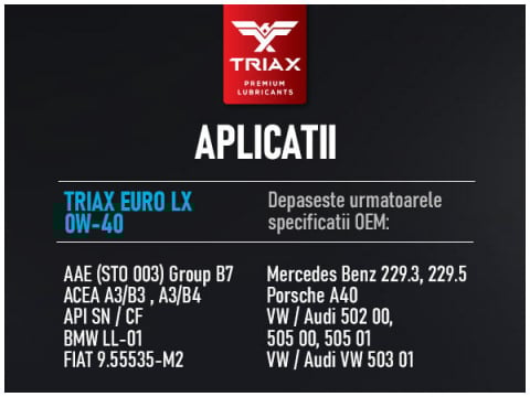TRIAX Euro LX 0W-40 Full Synthetic/ Benzina | BMW LL-01 | MB 229.5 [6]