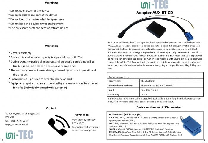Adaptor AUX Bluetooth Audi, Seat, Skoda, VW [2]