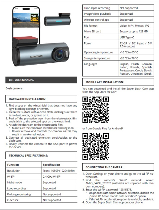 DVR auto cu o camera 1K WLAN 128GB WIFI Full HD AMIO-04798 [3]
