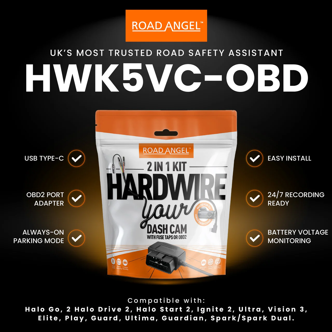 HWK5VC-OBD Halo Road Angel 5V Kit cablare 2 în 1 - USB tip C, siguranțe și OBD 2 [5]