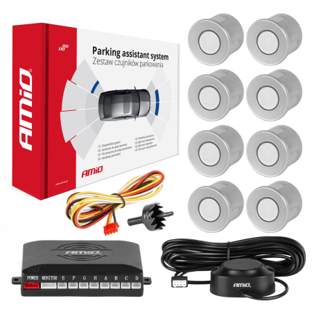 Senzori parcare auto - Kit senzori parcare marșarier cu buzzer, 8 senzori, argintiu, AMIO-01596
