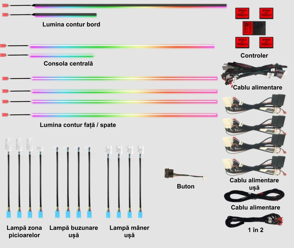 Lumini ambientale - Lumini ambientale dedicate Audi Q8 2019-2025, RGB Acrilice 19 in 1 Dinamice cu efect symphony, Control din Aplicatie Bluetooth / Buton