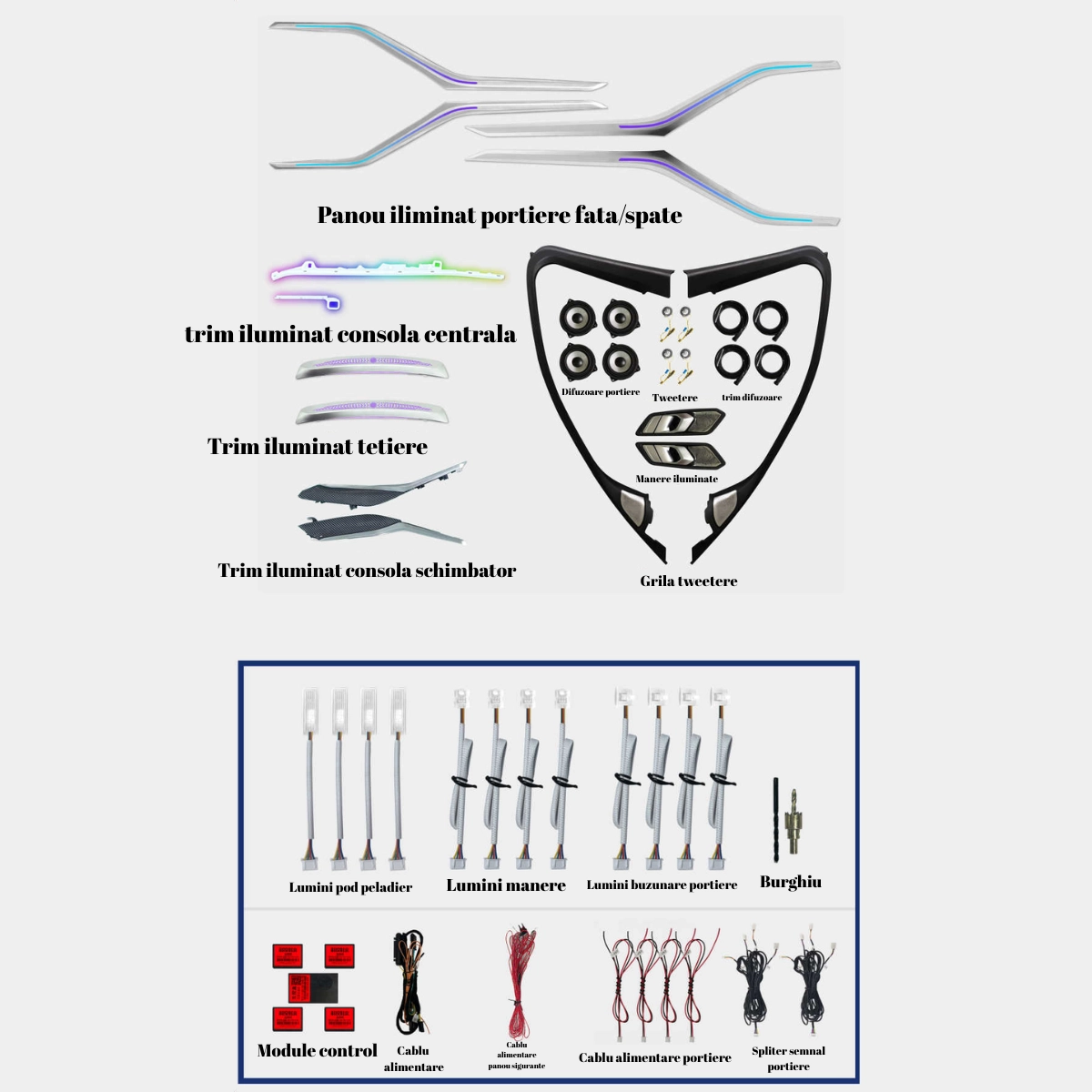 Lumini ambientale - Lumini ambientale dedicate BMW Seria 3 G20 / G28 2019-2023, RGB Acrilice 38 in 1 Dinamice cu efect symphony, Control din Aplicatie Bluetooth